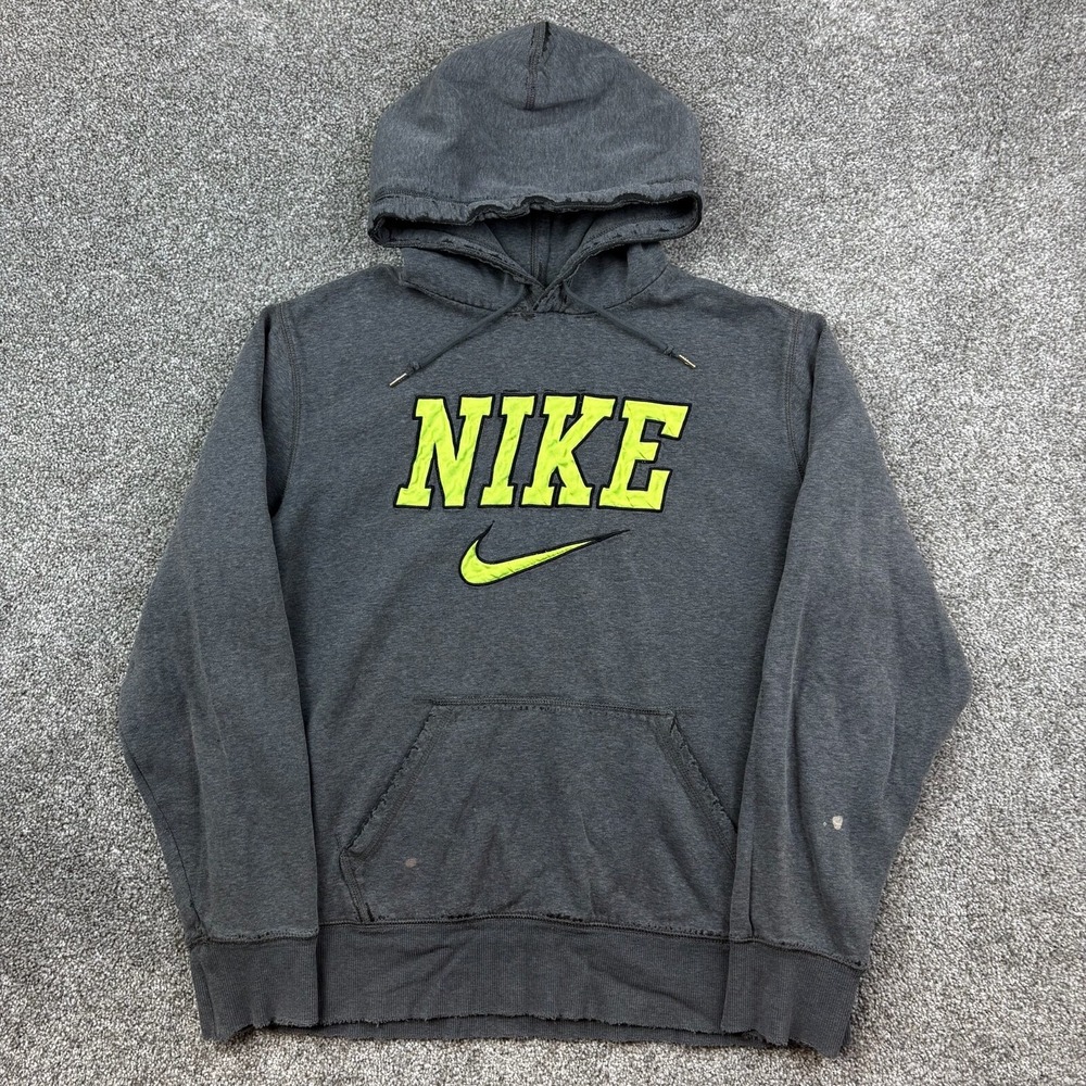 Vintage Y2K Nike Center Hoodie Mens L Gray Center Swoosh‎ Sweatshirt Distressed